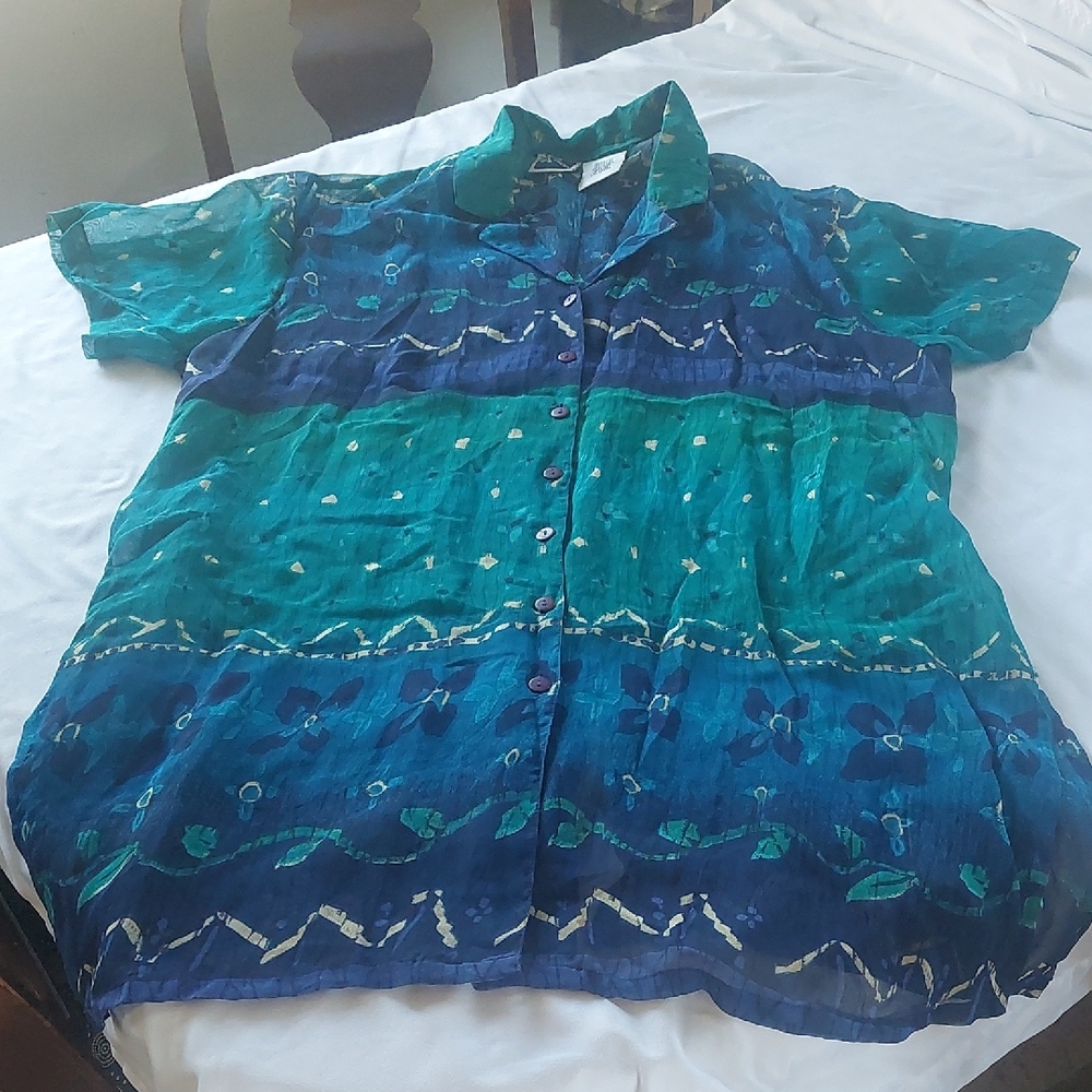 PHOOL Teal and Navy Floral Button-Up Blouse.VINTAGE Size 1X